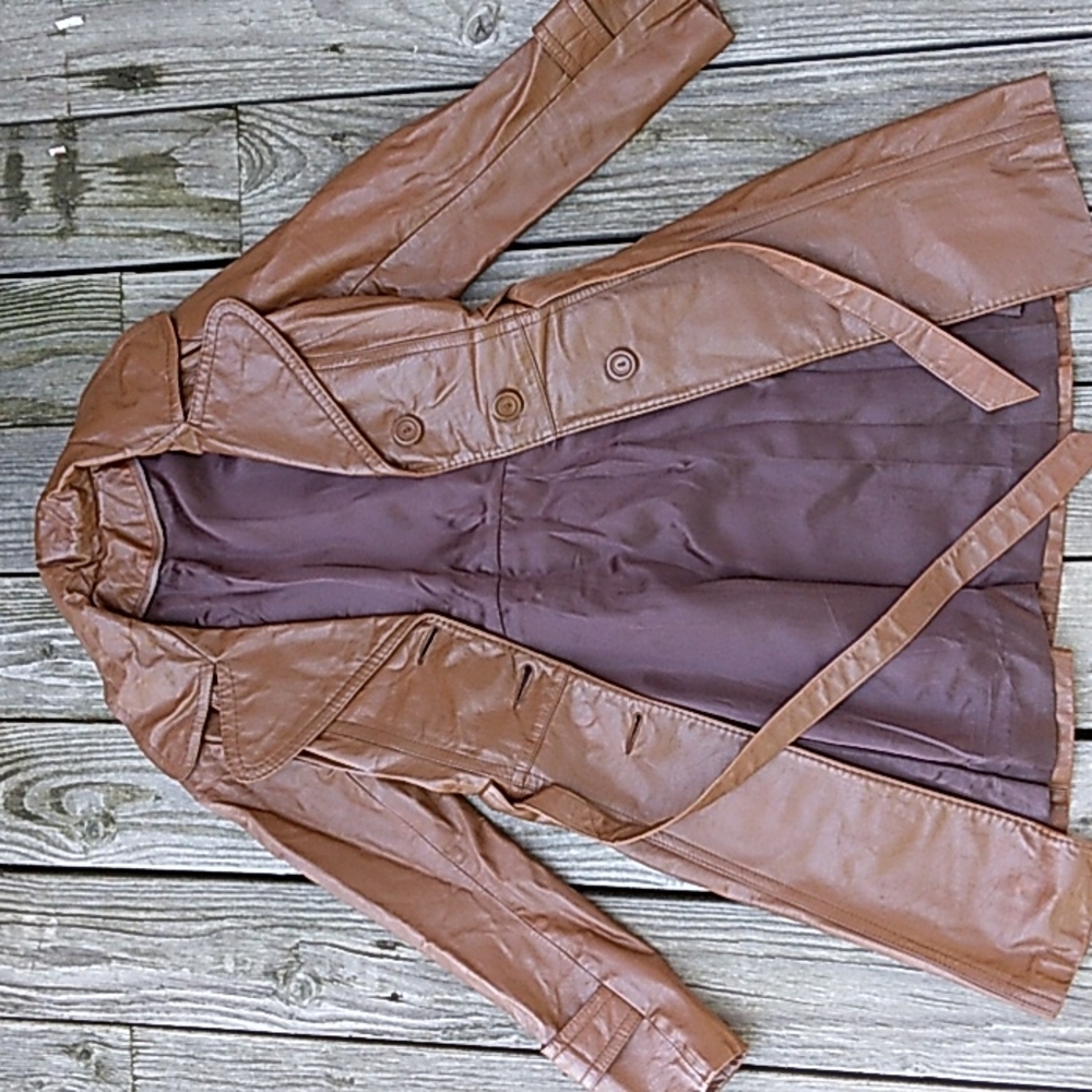 Vintage 1970's Leather Big Collar Button Front Tie Waist Coat Jacket